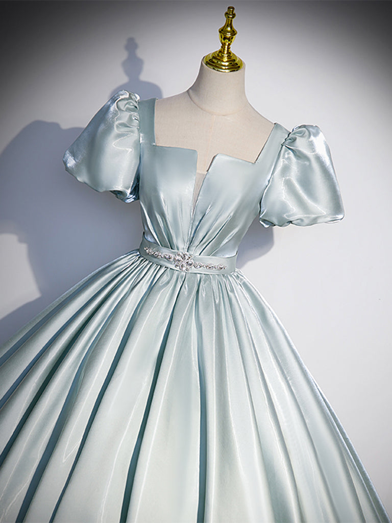 A-LINE BLUE SATIN PROM DRESS