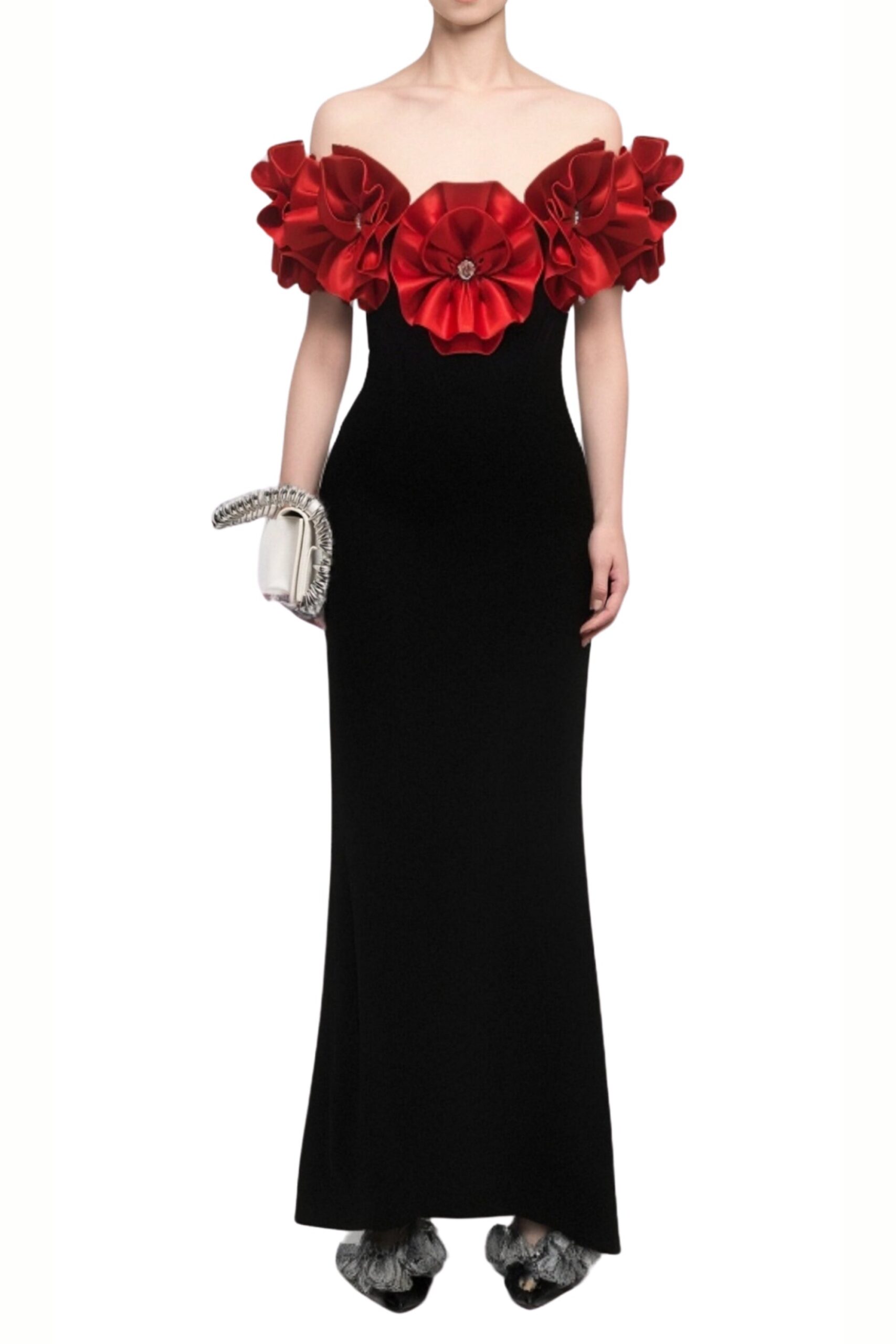 RED STRAPLESS BANDAGE MAXI DRESS WITH FLOWER EMBELLISHMENT