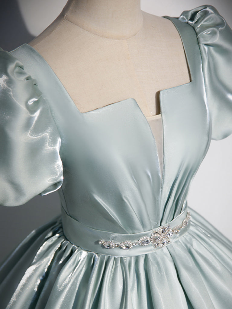 A-LINE BLUE SATIN PROM DRESS