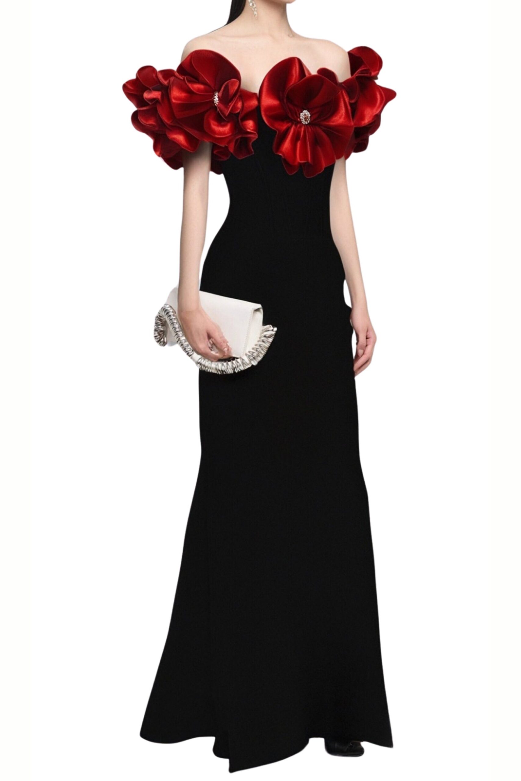 RED STRAPLESS BANDAGE MAXI DRESS WITH FLOWER EMBELLISHMENT