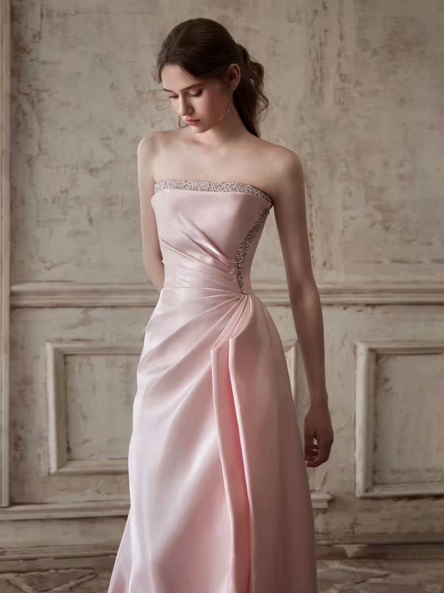 MERMAID STRAPLESS RUCHED BEADED PINK PROM GOWN