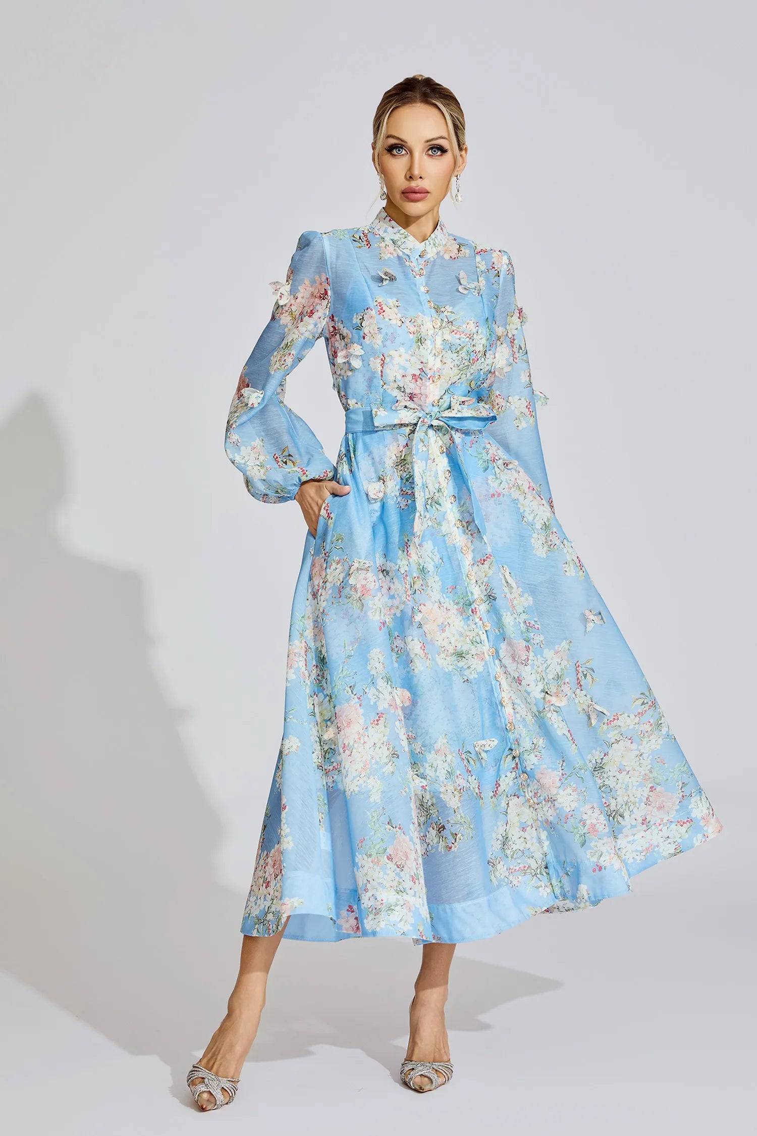 TIFFANY PALE BLUE FLORAL PUFF SLEEVE MAXI DRESS