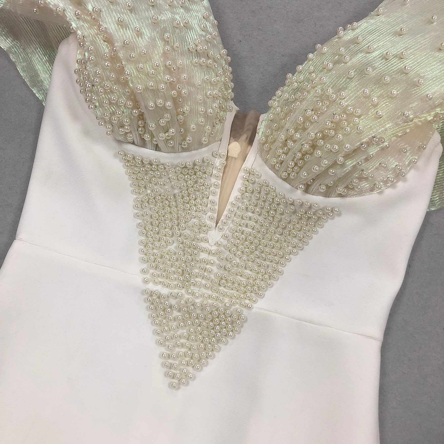 OFF-SHOULDER PEARL BODYCON MAXI DRESS WHITE