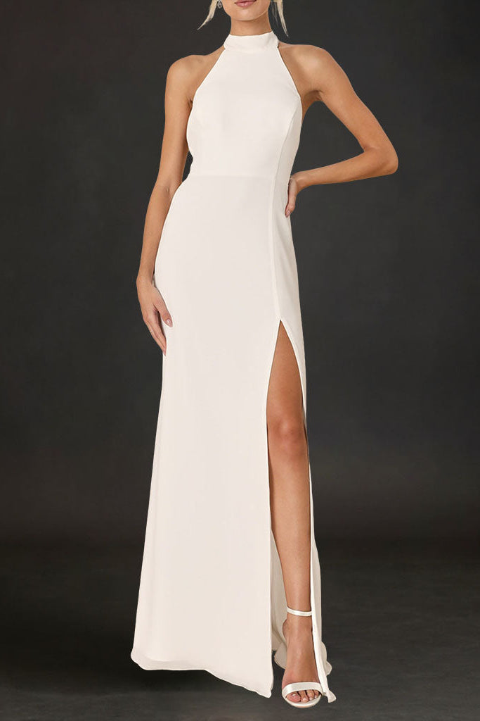 43141414 WHITE HALTER MAXI DRESS FOR WEDDING GUEST