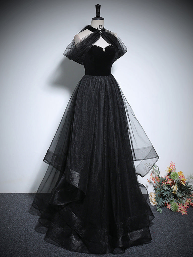 BLACK A-LINE TULLE PROM DRESS
