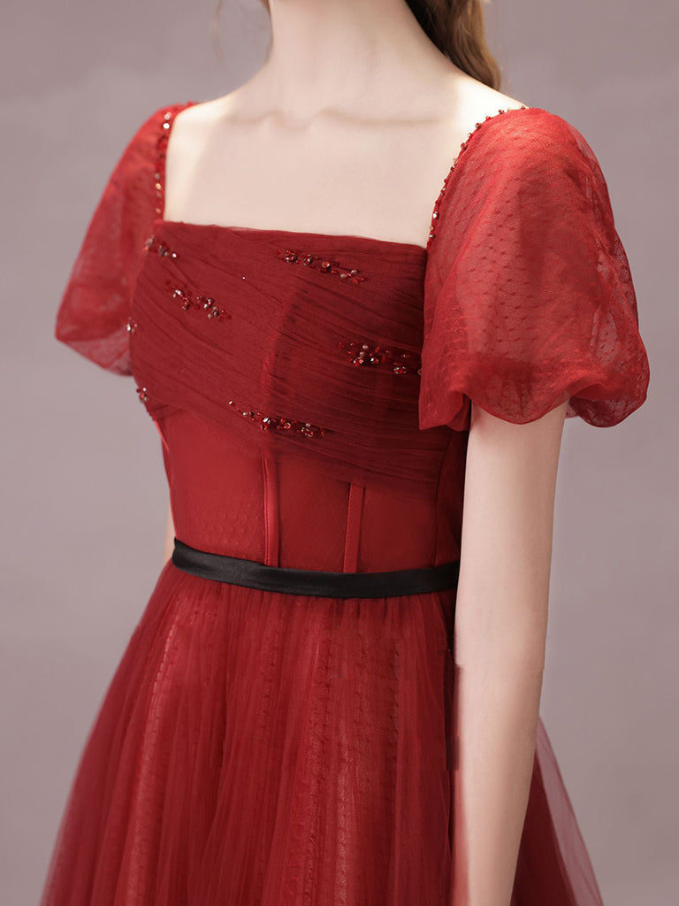A-LINE BURGUNDY TULLE TEA PARTY DRESS