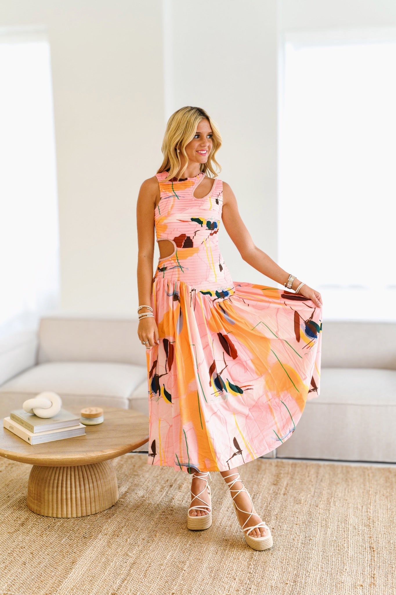KYLIE DROP WAIST CUT OUT MIDI DRESS IN PINK MULTI