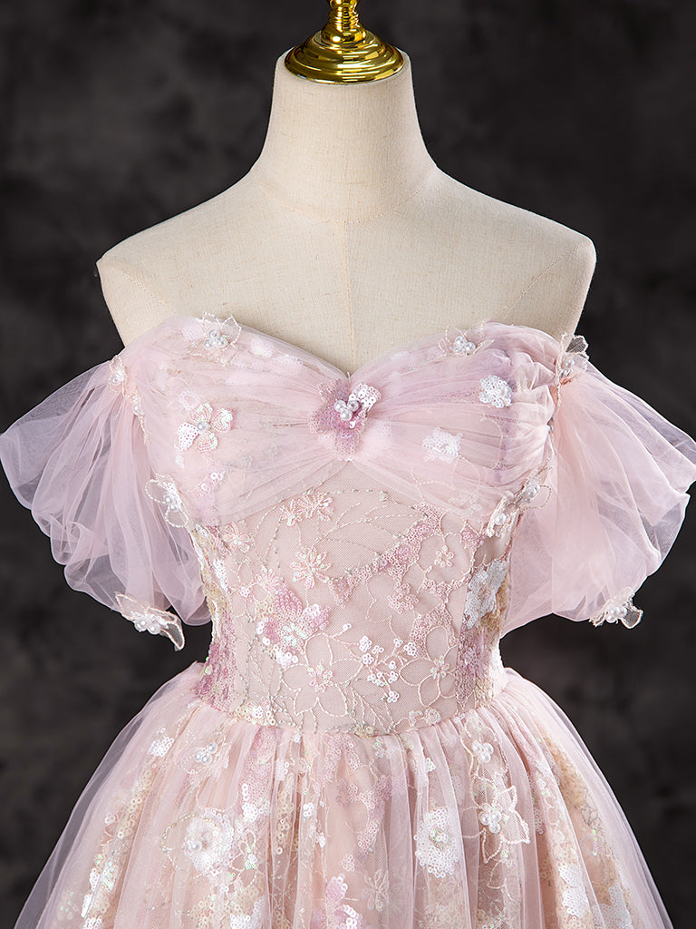 A-LINE OFF SHOULDER PINK PARTY DRESS