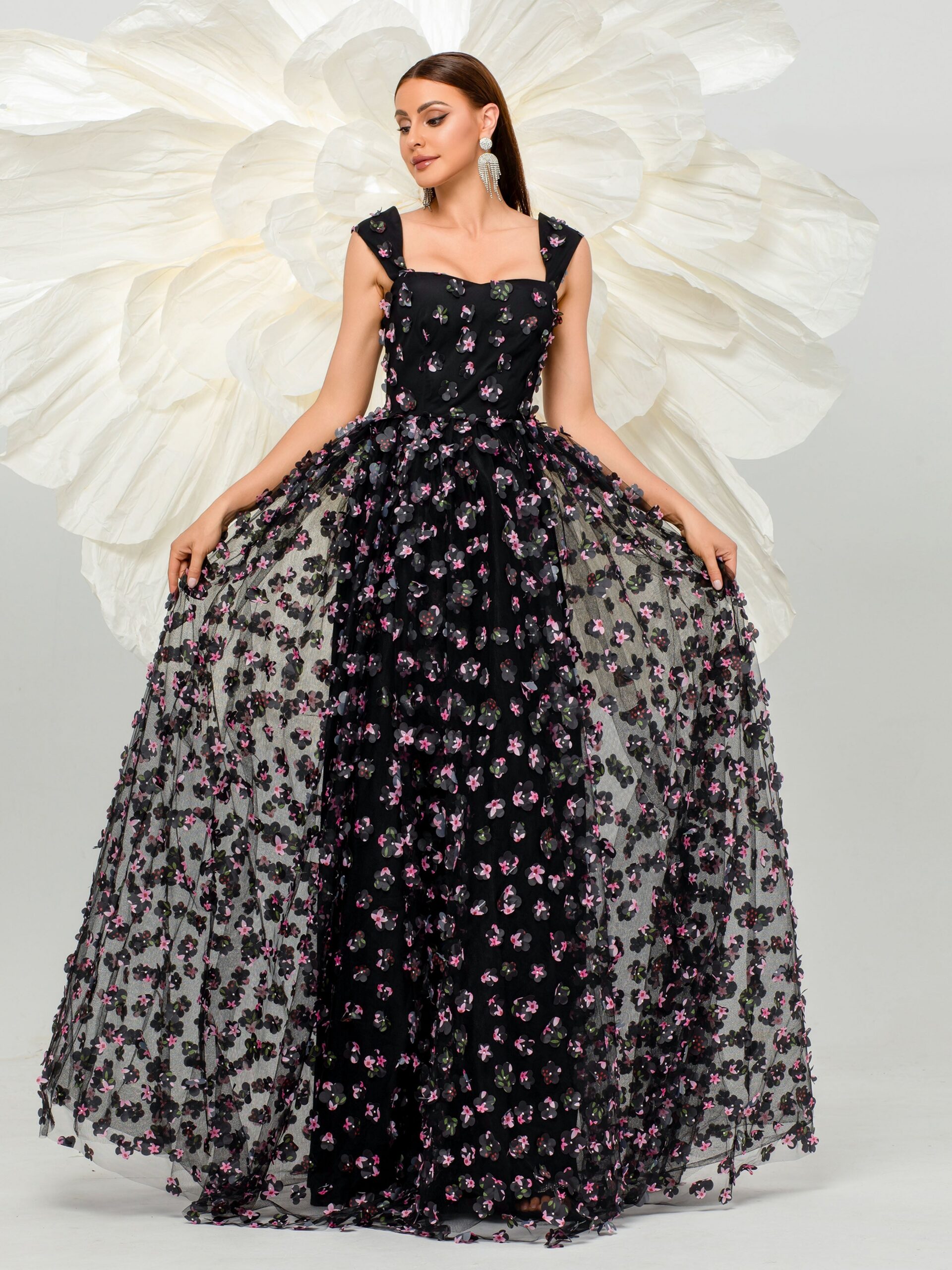 FLORAL TULLE DRESS WITH APPLIQUED PINK CAMISOLE