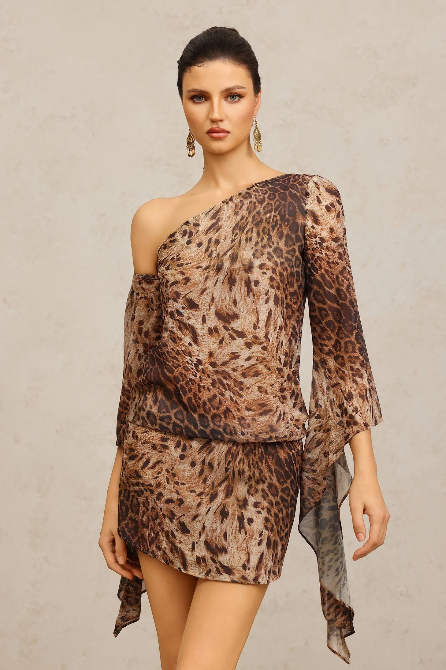 EDWINA LONG SLEEVE LEOPARD MINI DRESS BROWN
