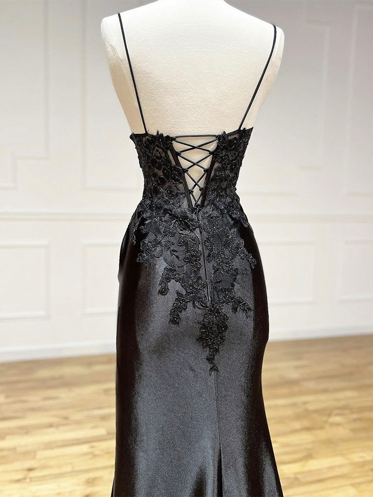 SEXY MERMAID V-NECK SATIN LACE BLACK COCKTAIL DRESS