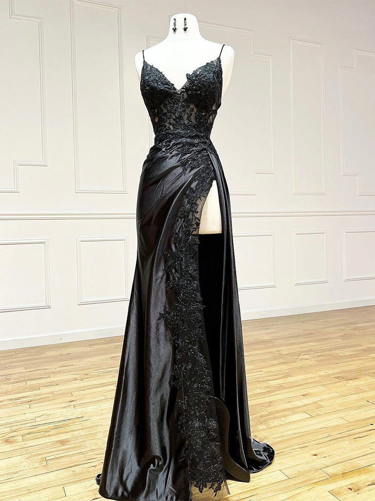 SEXY MERMAID V-NECK SATIN LACE BLACK COCKTAIL DRESS