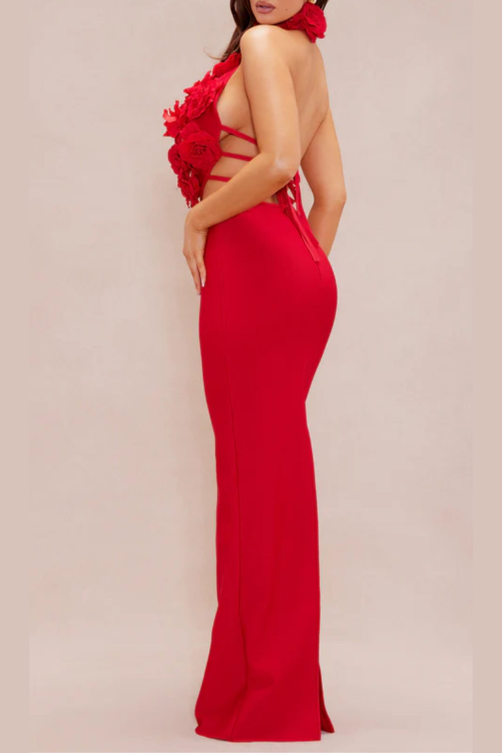 HALTER 3D FLOWER BACKLESS MAXI DRESS RED