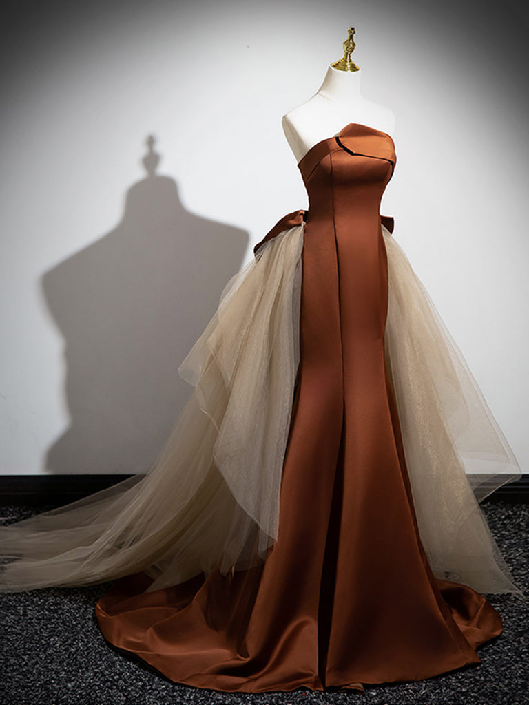 LUXE BROWN MERMAID SATIN TULLE PROM GOWN