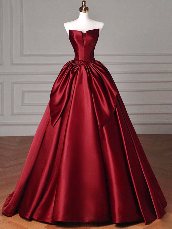 SATIN BURGUNDY A-LINE PROM GOWN