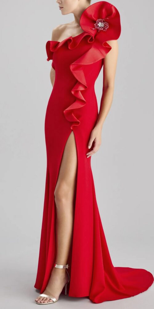 suzanne flower mermaid crepe maxi dress in red suzanne flower mermaid crepe maxi dress in red