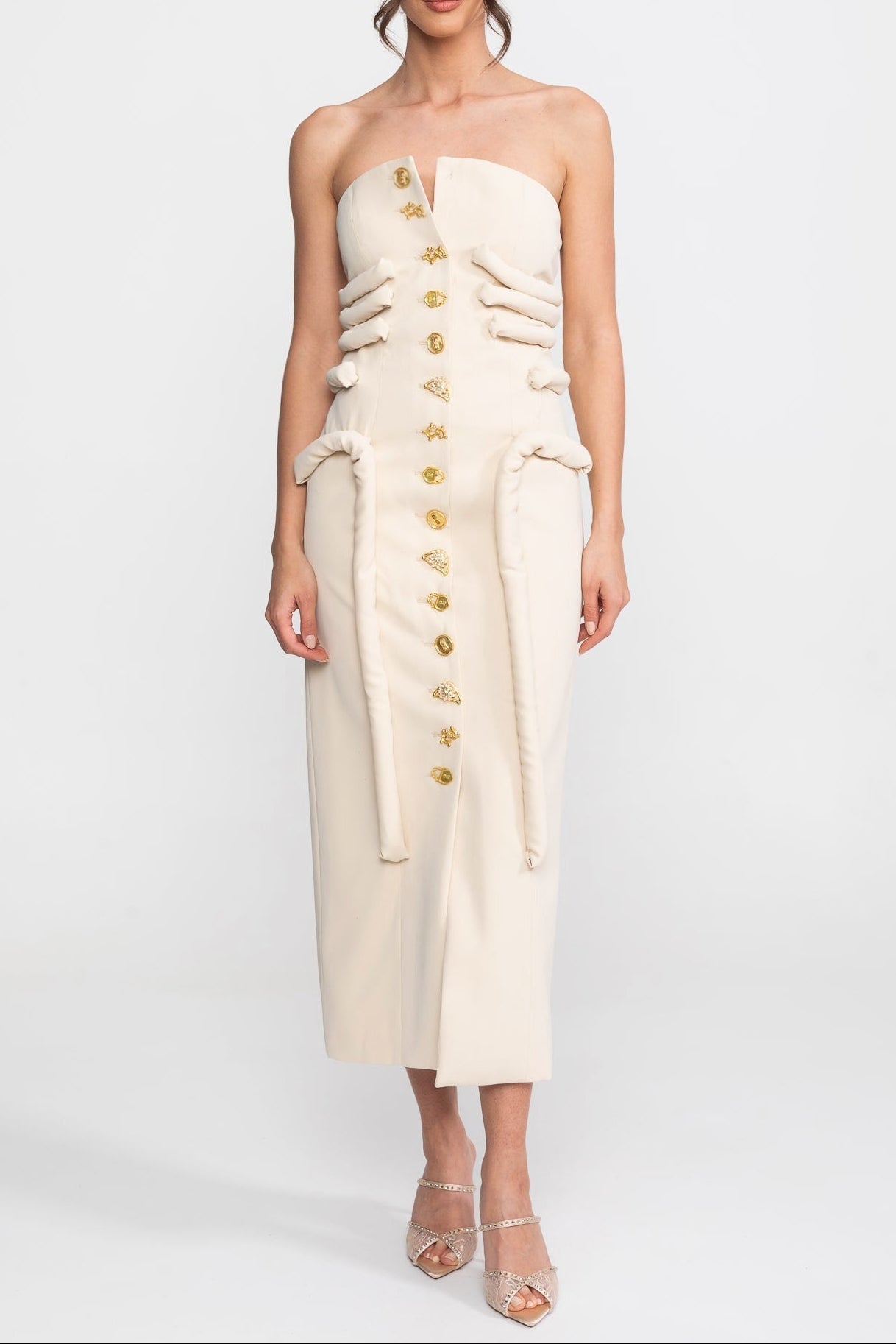 448A74CE-68BF-4F6A-9078-8507934F1705 STRAPLESS KNOTTED MIDI DRESS, CREAM WEDDING GUEST