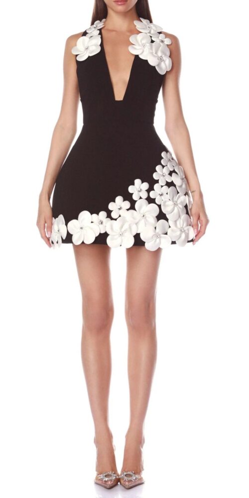 Black and White Mini Dress - Sleek black formal dress with white flowers - Elegant party mini dress Black and White Mini Dress - Sleek black formal dress with white flowers - Elegant party mini dress