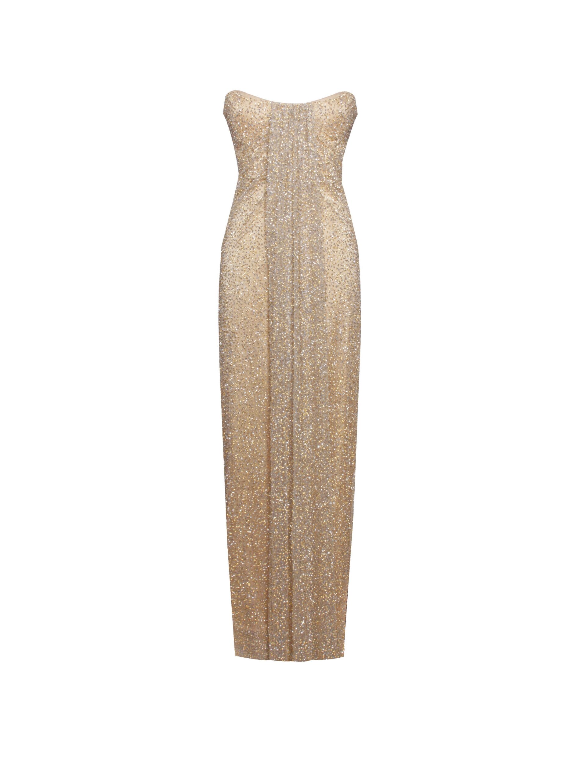 GLAMOUR GOLD RHINESTONE STRAPLESS GOWN WITH HEAD SCARF