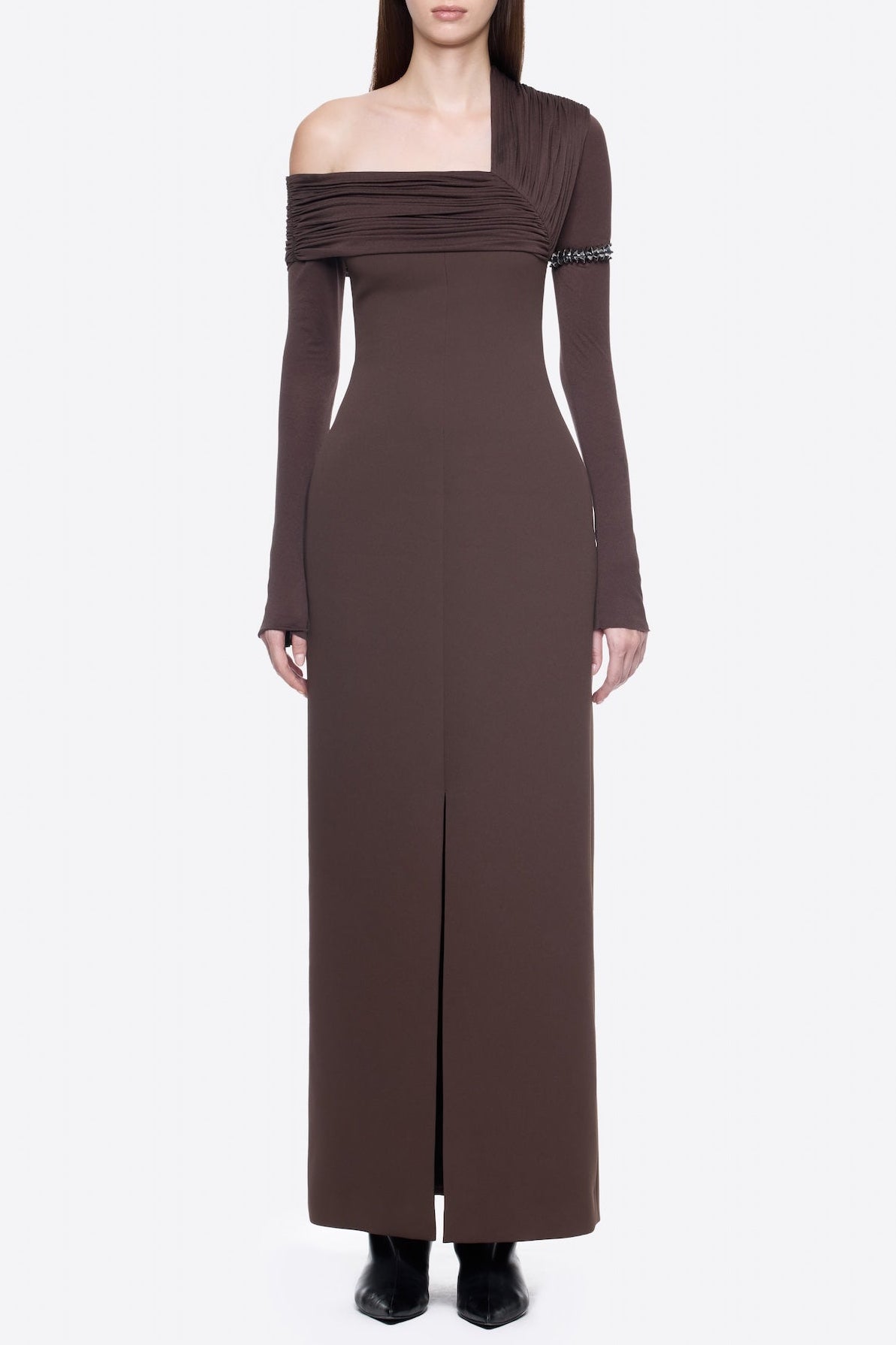 SIBYL ASYMMETRIC OFF-SHOULDER BROWN MAXI DRESS