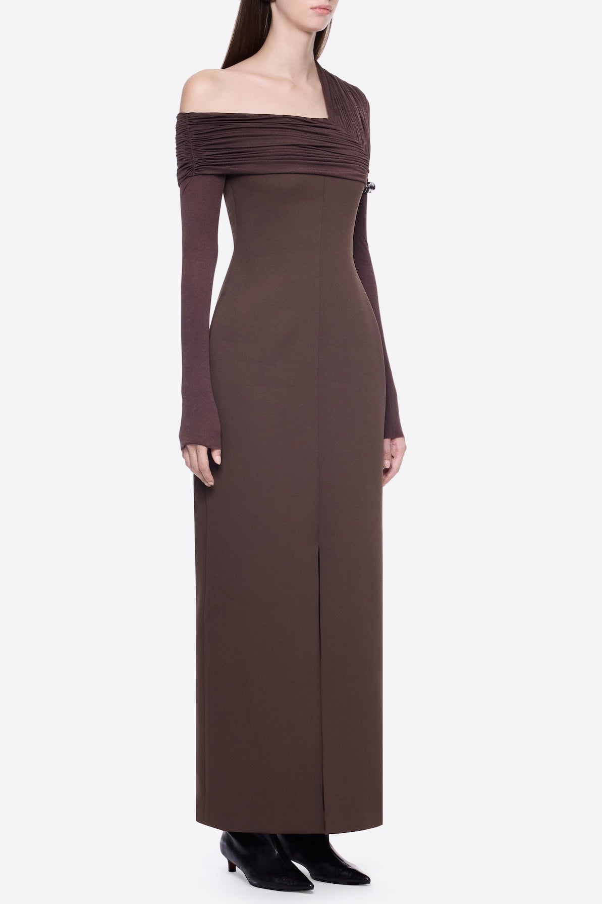 SIBYL ASYMMETRIC OFF-SHOULDER BROWN MAXI DRESS