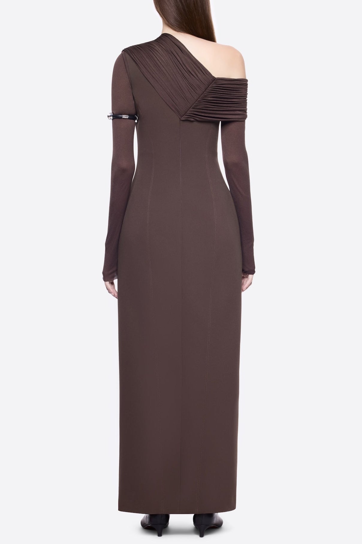 SIBYL ASYMMETRIC OFF-SHOULDER BROWN MAXI DRESS