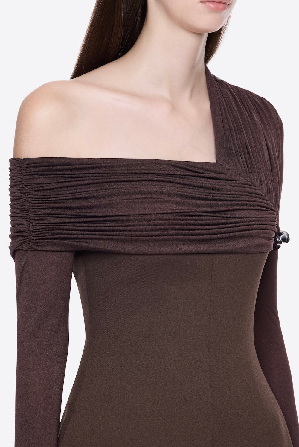 SIBYL ASYMMETRIC OFF-SHOULDER BROWN MAXI DRESS