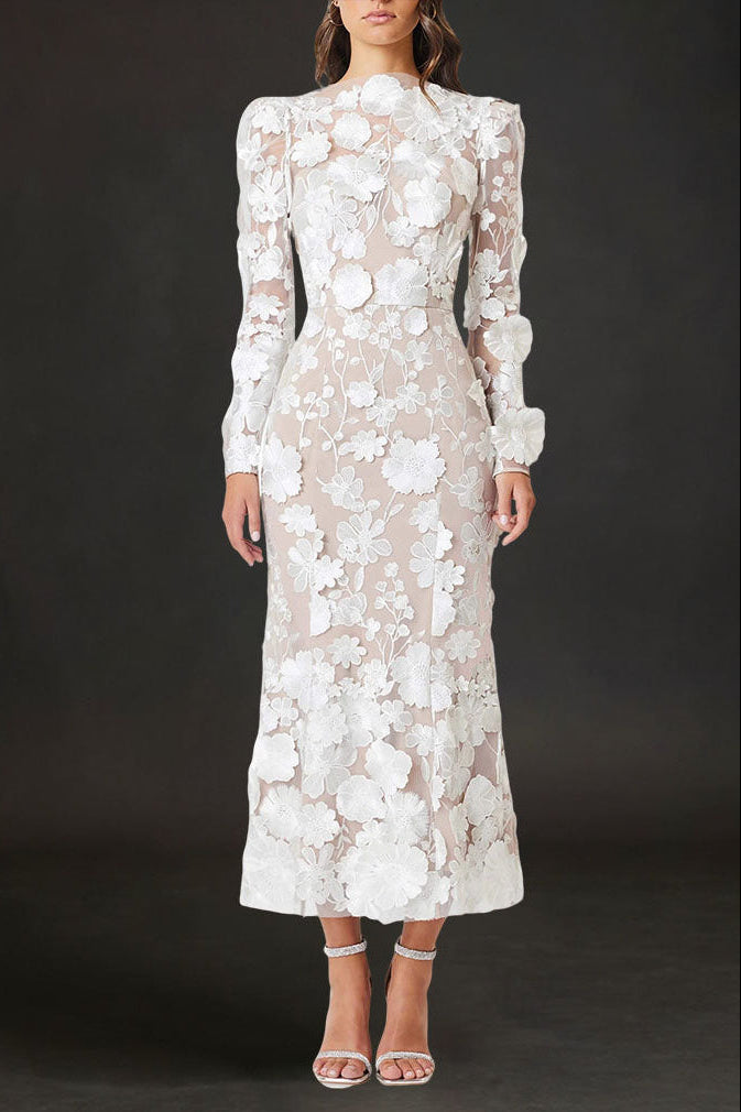 45114515441514 SHANNON 3D FLORAL WHITE MIDI DRESS FOR WEDDING