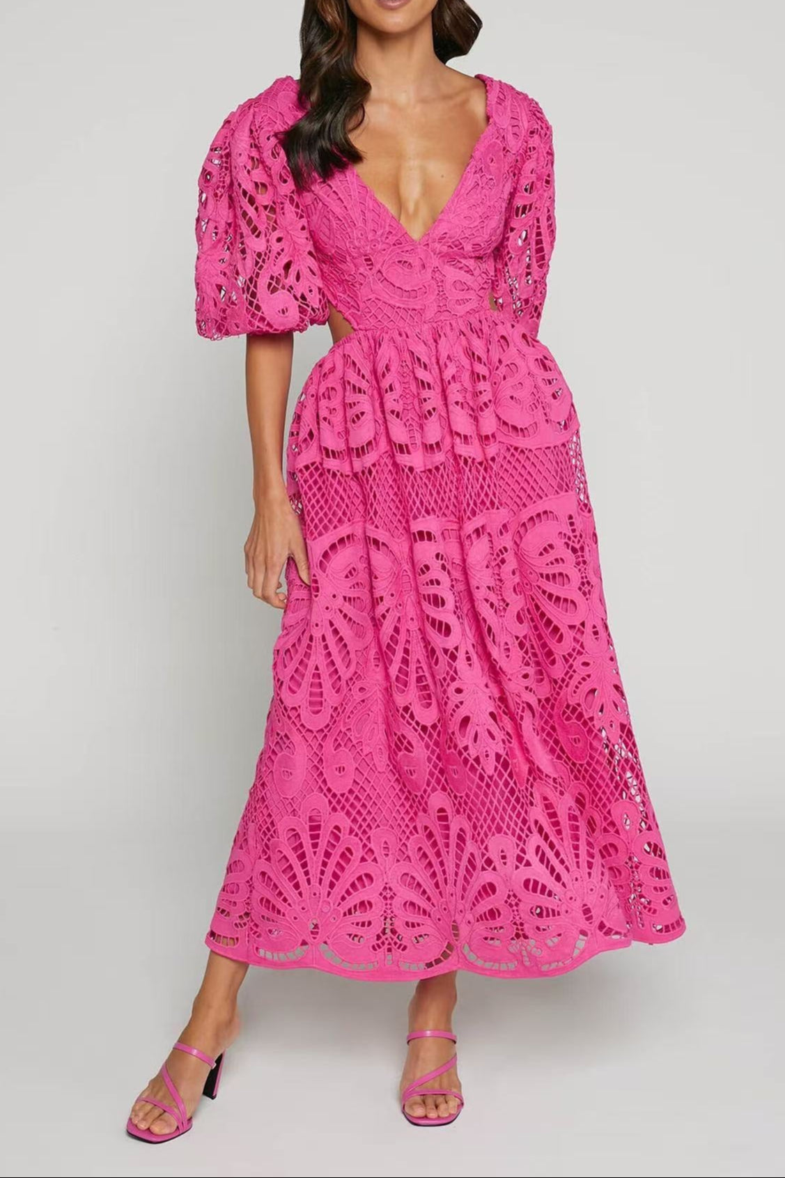 V-NECK LACE MIDI DRESS FOR WEDDING GUEST