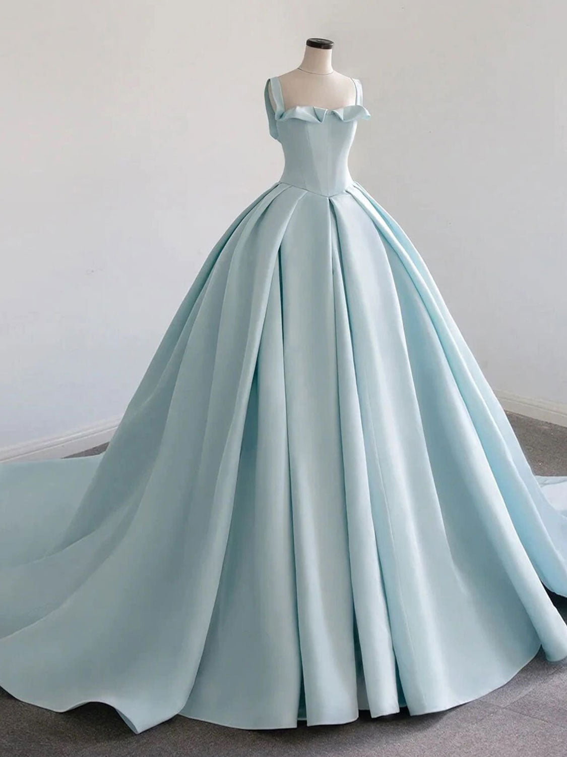 BLUE SATIN SWEEP TRAIN PROM GOWN