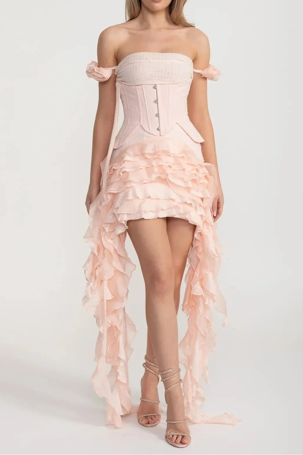 VINTAGE PINK CORSET DRESS, RUFFLED BUSTIER, FLOWING SIDE DETAILS