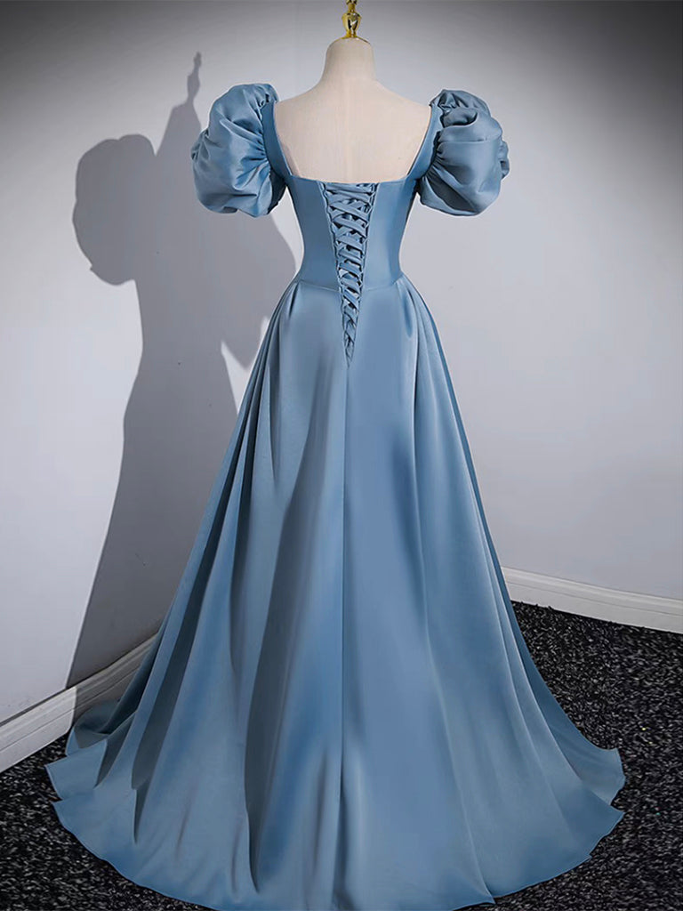 A-LINE SATIN BLUE LONG PROM GOWN