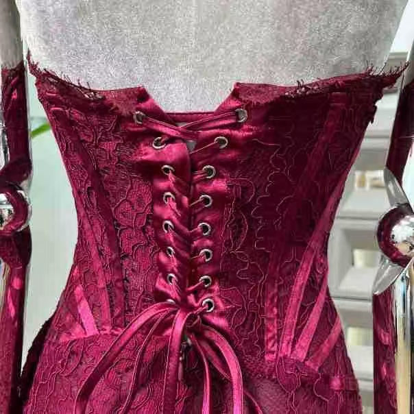 BURGUNDY LACE BUSTIER MINI DRESS FOR COCKTAIL PARTY