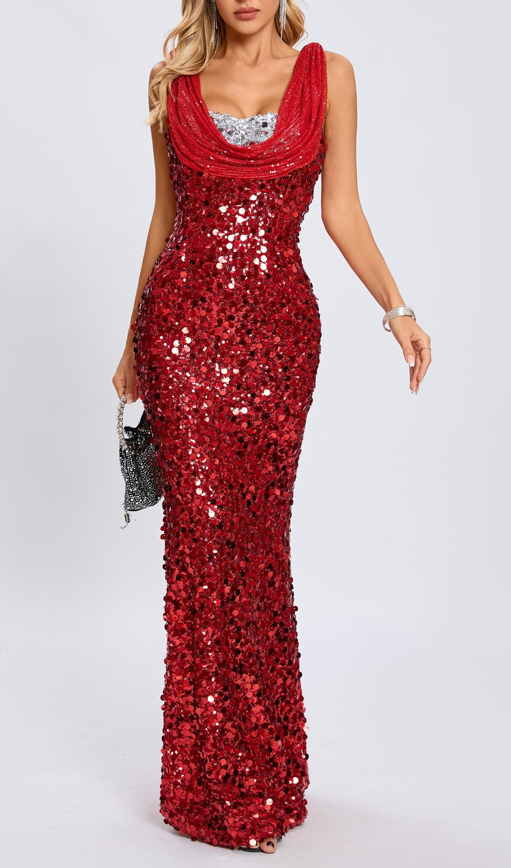 SEQUIN RED MAXI DRESS, SLEEVELESS EVENING GOWN