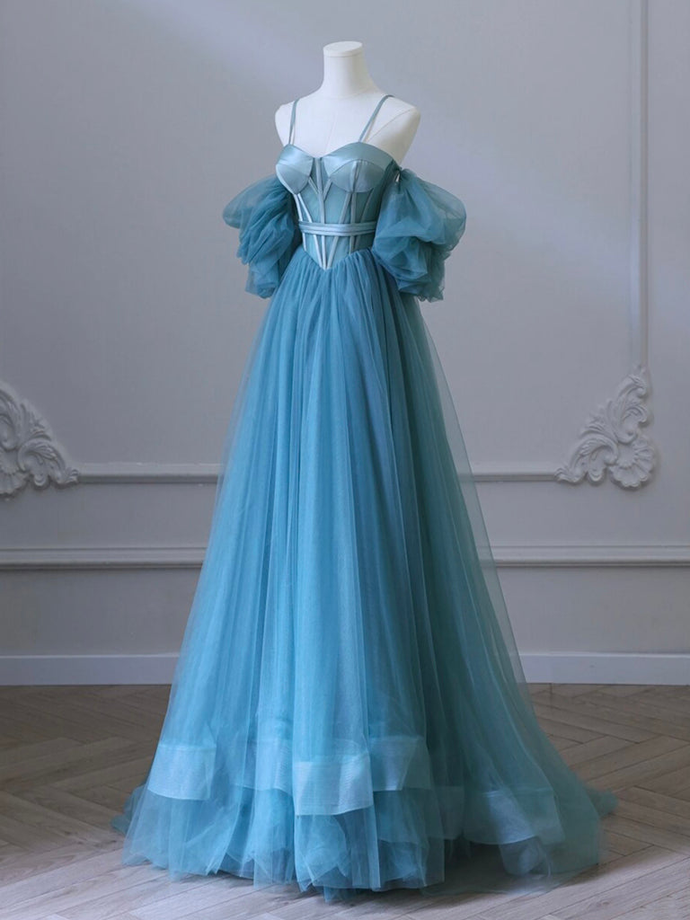 A-LINE TULLE BLUE PROM DRESS