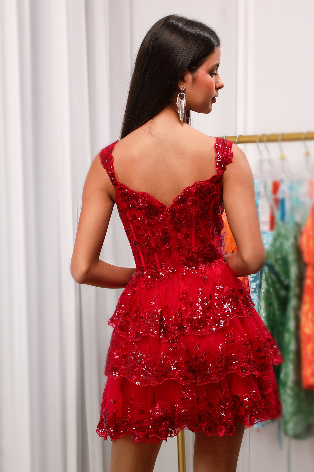 SPARKLY BLUE CORSET A-LINE LACE SHORT HOMECOMING DRESS