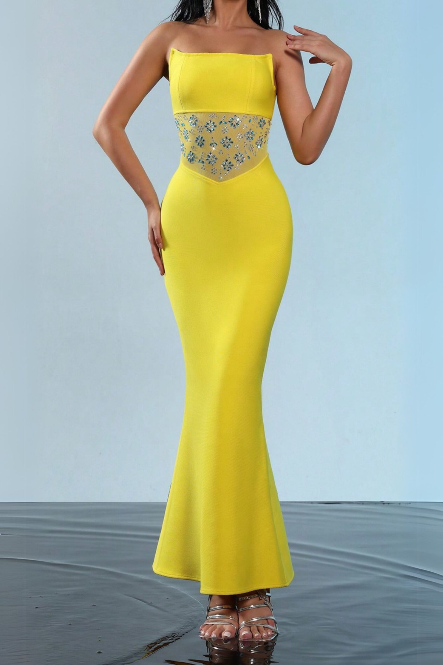 456_b7f8908f-af5e-41ff-85f8-0b22a1f68e92 MESH SPLICE RHINESTONE YELLOW MAXI BANDAGE DRESS