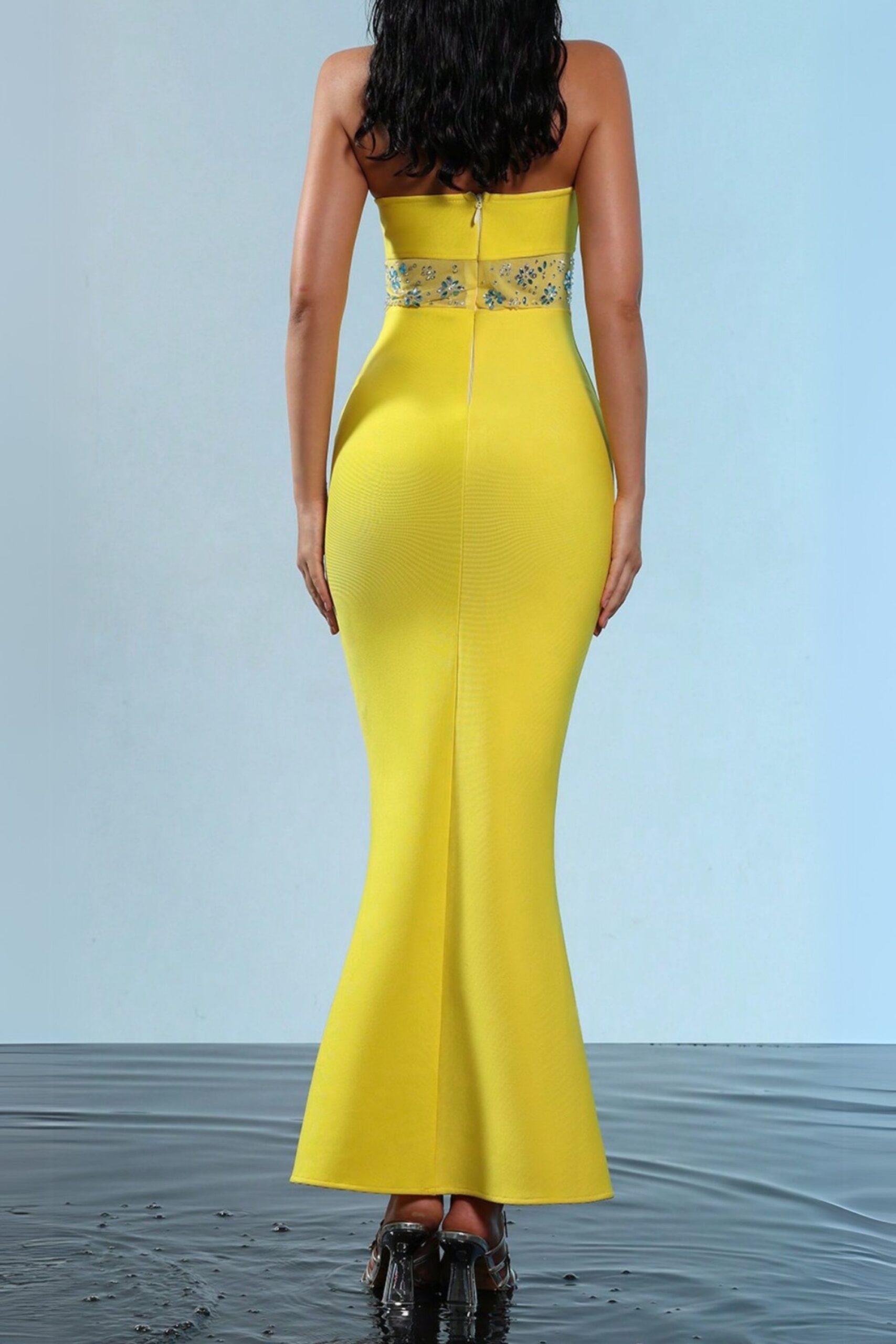 MESH SPLICE RHINESTONE YELLOW MAXI BANDAGE DRESS