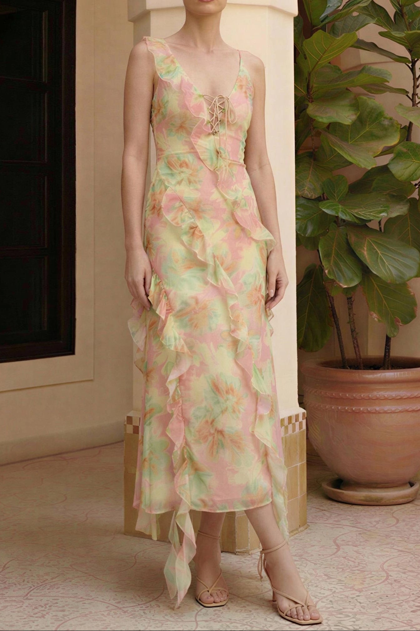 457aa8a2-458f-4556-80fa-6314e3ba10e9 JESSIE TIE DYE V-NECK RUFFLE MIDI DRESS - GREEN