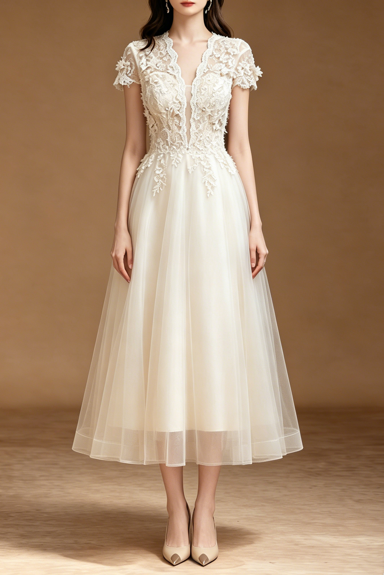 3D FLORAL LACE TULLE EVENING GOWN, FLOOR-LENGTH