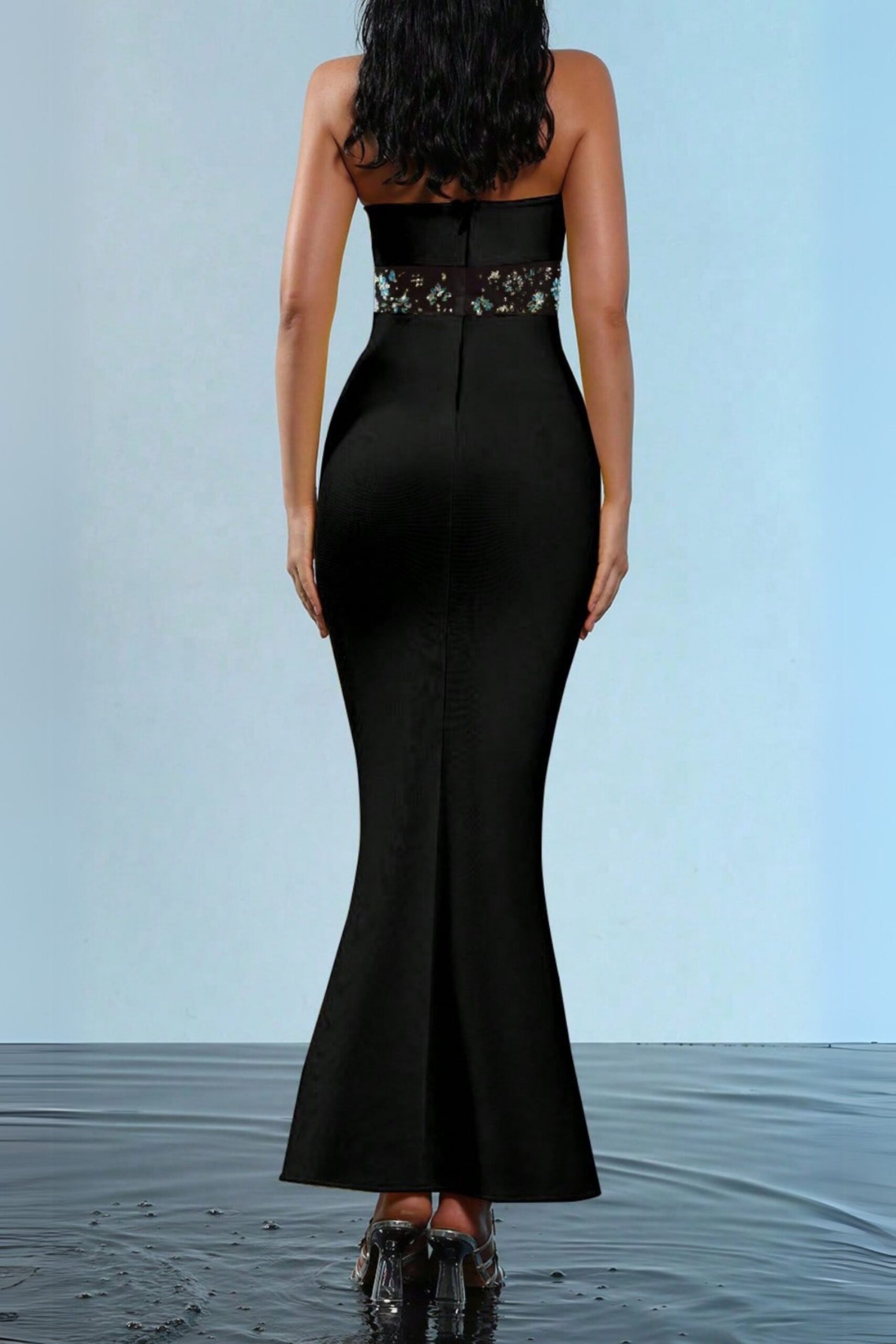 MESH SPLICE RHINESTONE BLACK BANDAGE MAXI DRESS
