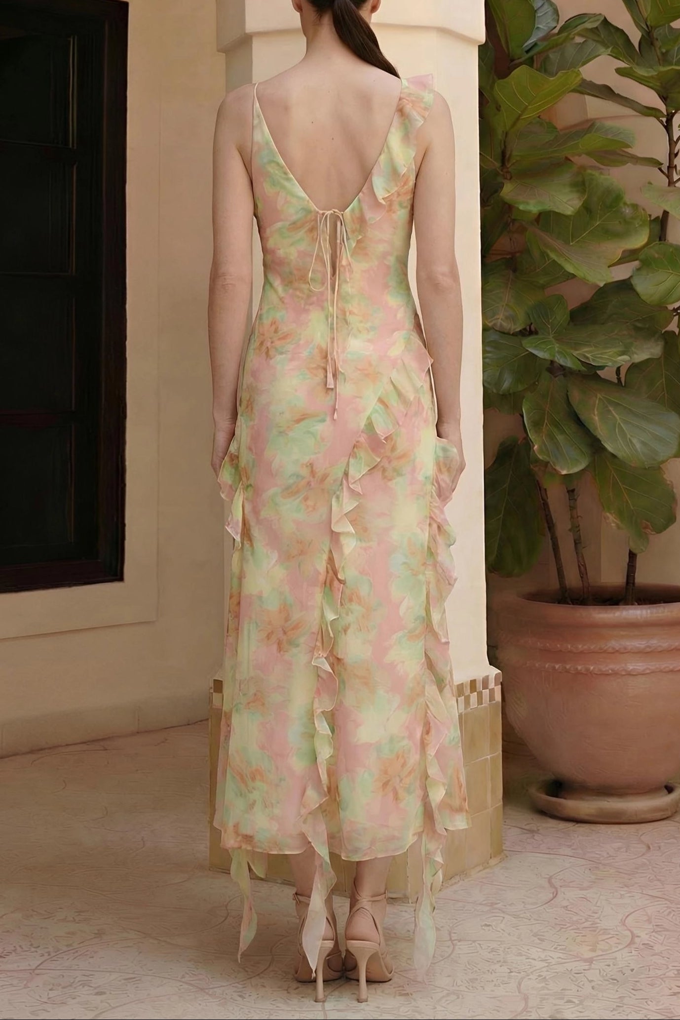 JESSIE TIE DYE V-NECK RUFFLE MIDI DRESS - GREEN