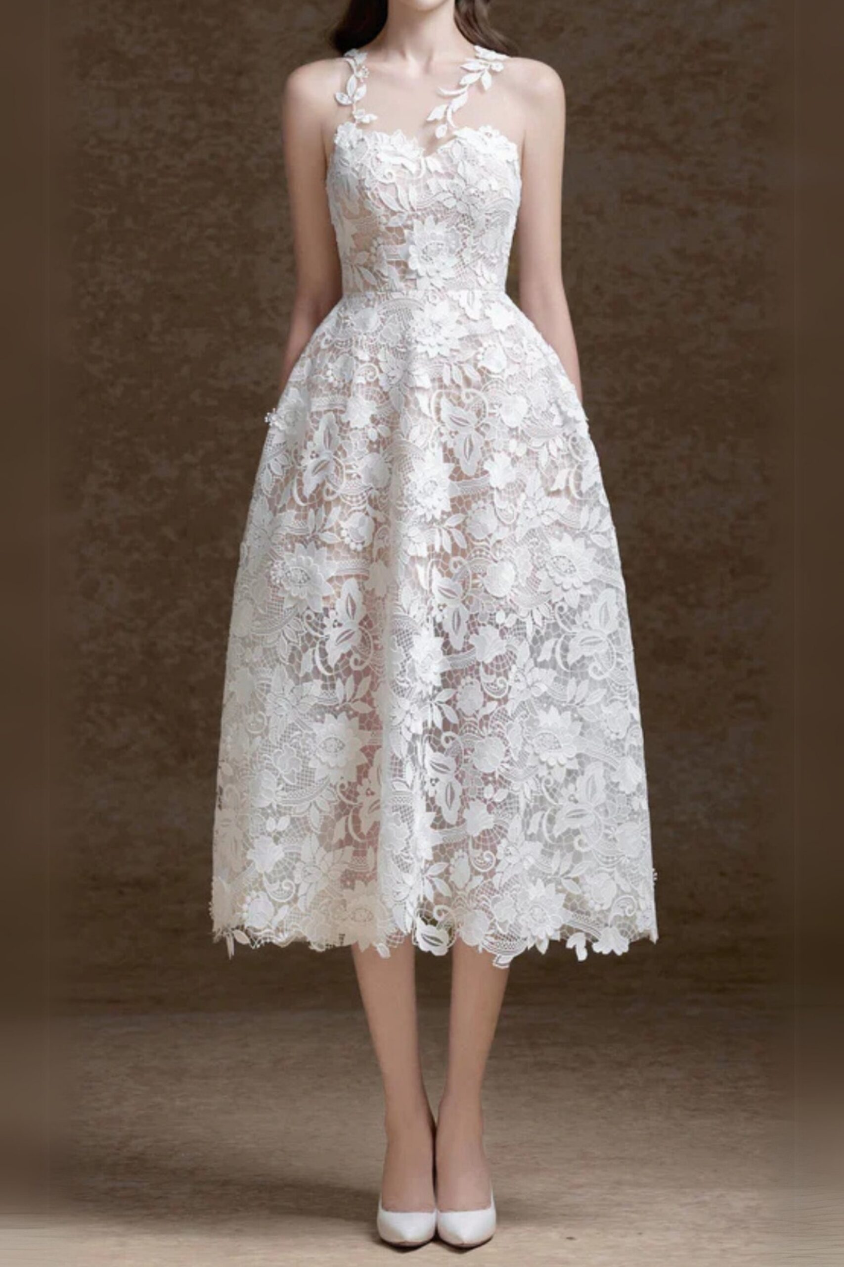 ERICA WHITE FLORAL LACE MIDI DRESS FOR WEDDING GUEST