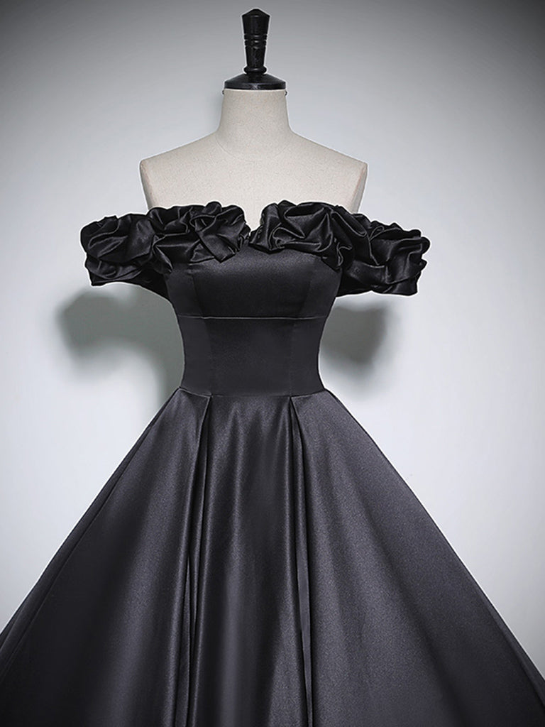 BLACK A-LINE OFF-SHOULDER SATIN PROM DRESS