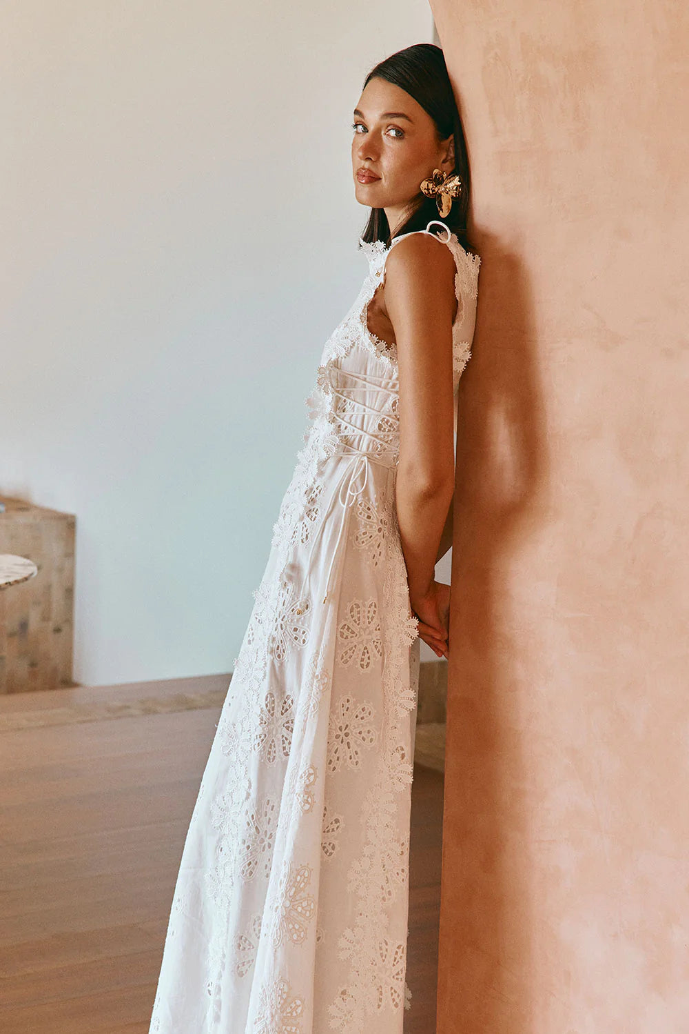 LACE MIDI DRESS: EMBROIDERED HOLLOW WHITE WEDDING