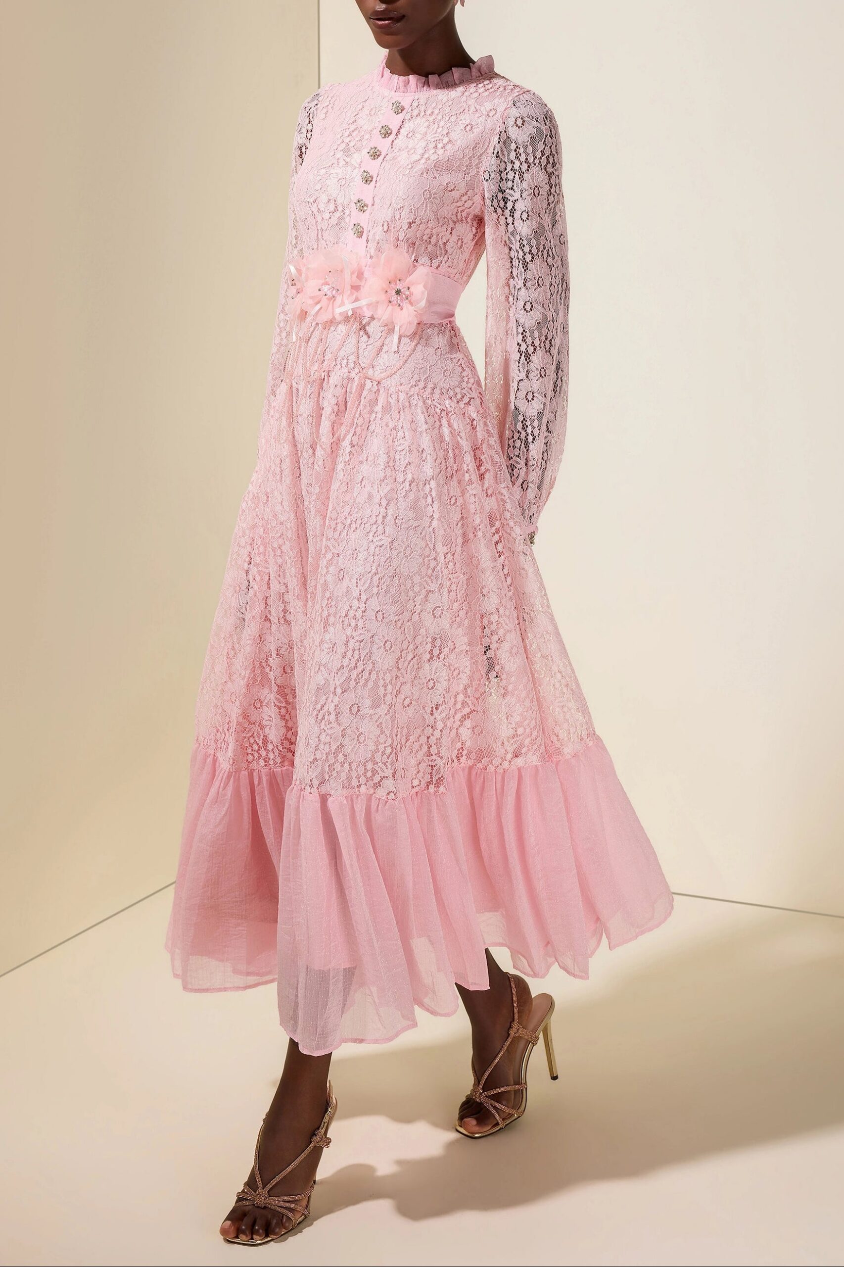 VIRGINIA LACE MIDI DRESS 3D FLOWER RHINESTONE PINK