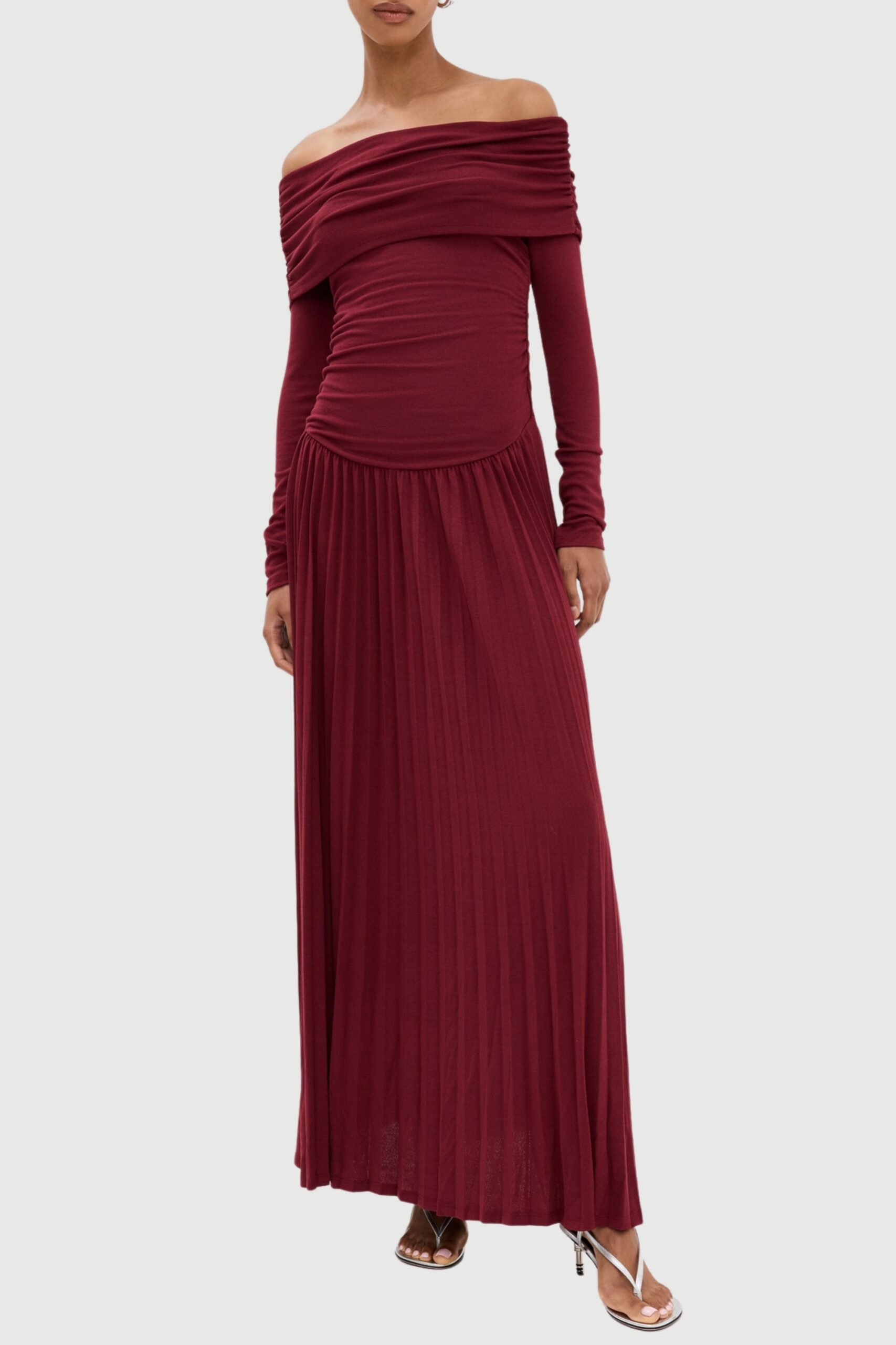 BURGUNDY STRAPLESS BODYCON LONG SLEEVE MAXI DRESS