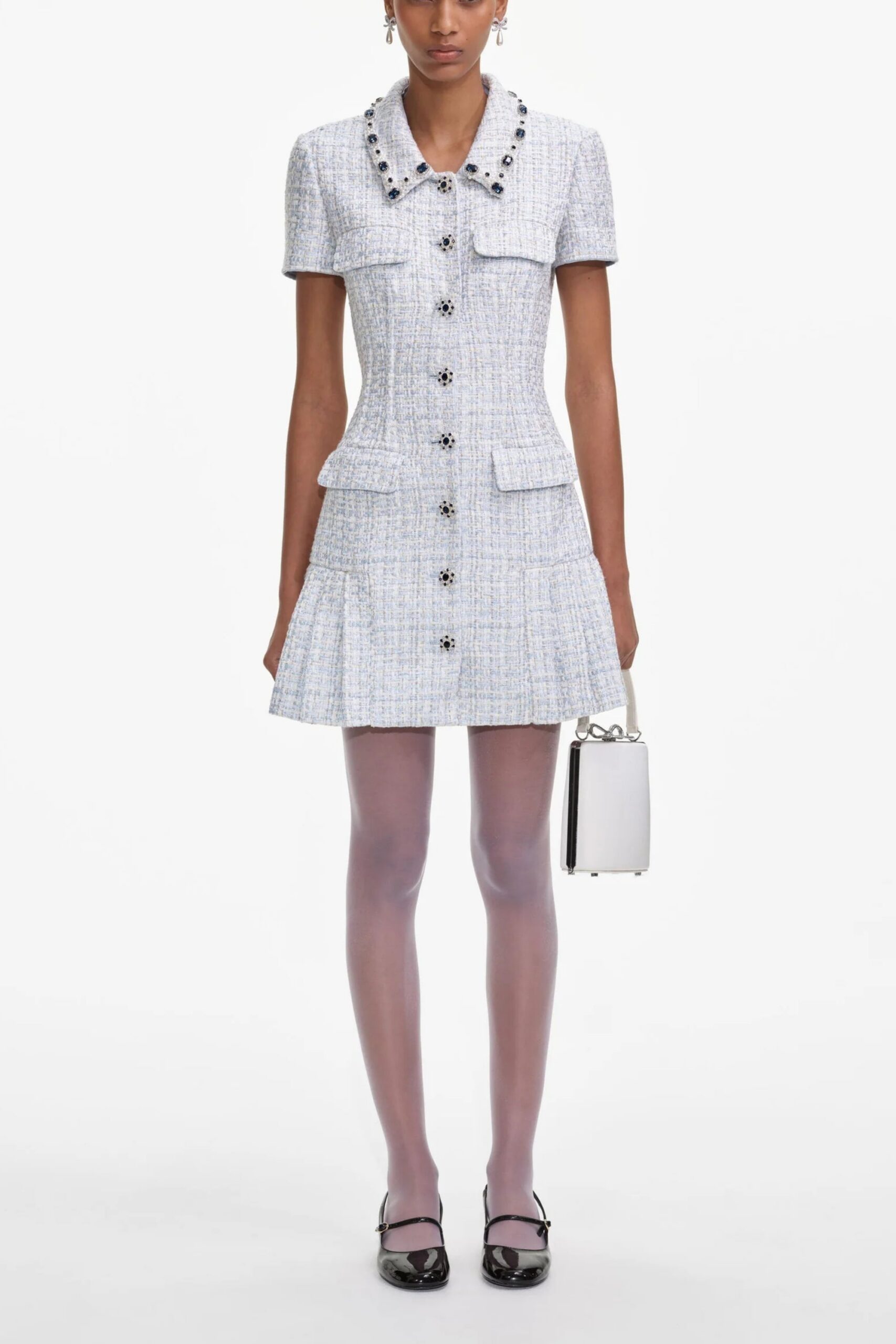 BLUE BOUCLE MINI DRESS FOR COCKTAIL PARTY