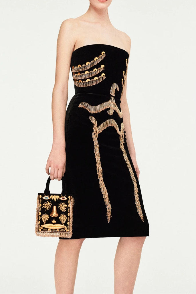 Y2K SKELETON TASSEL BUSTIER MINI DRESS BLACK
