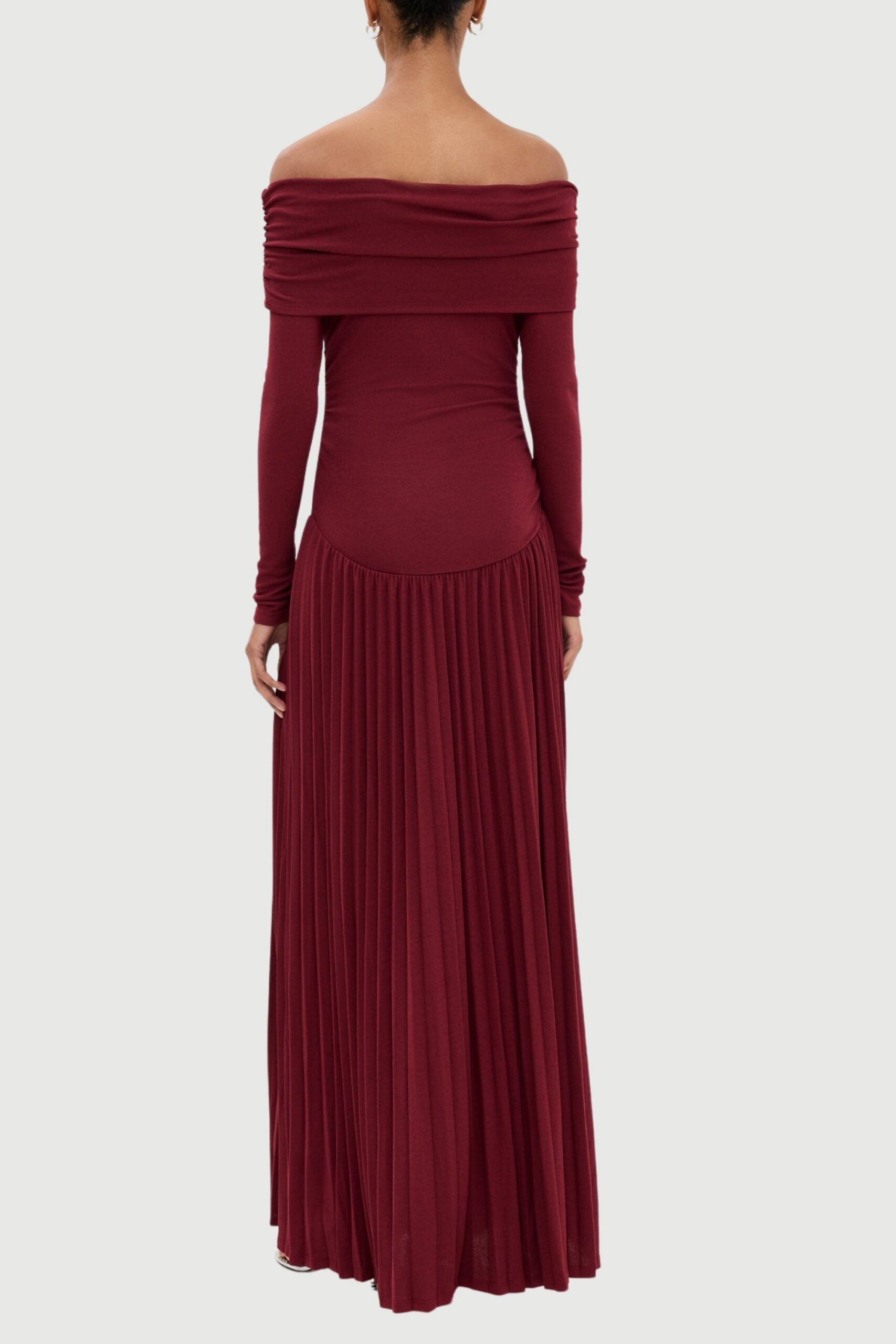 BURGUNDY STRAPLESS BODYCON LONG SLEEVE MAXI DRESS